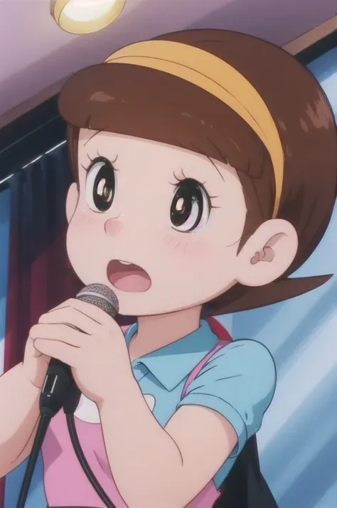 a beautiful idol girl hoshinosumire singing on stage, 1980s retro art style, 1990s style, detailed facial features, long eyelash...