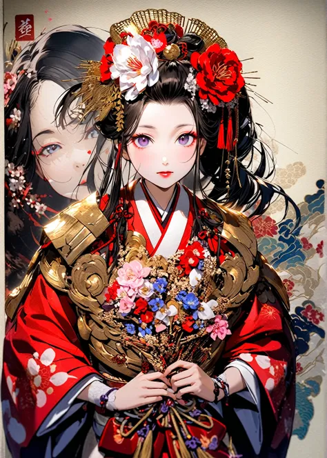 a 12-year-old princess wearing a red kimono and a flower crown, traditional japanese, traditional geisha clothing, japanese wome...