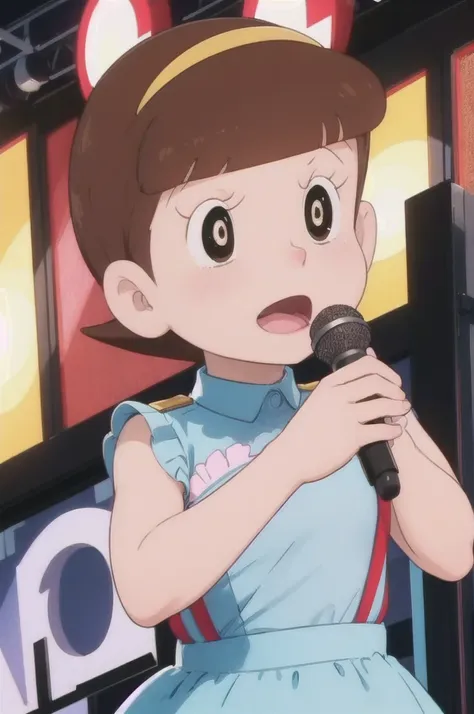 a beautiful idol girl hoshinosumire singing on stage, 1980s retro art style, 1990s style, detailed facial features, long eyelash...