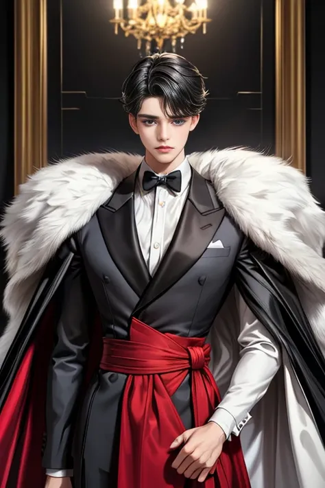 
masterpiece, 最high quality, high quality, 1 boy, alone, Male focus, Watching the audience,  Messy black hair, Adorable big blue eyes, White, Noble, Noble,A sexy, voluminous, puffy cape、tuxedo、A very voluminous, large, very large, very large, long, long re...