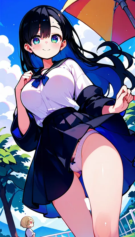 beauty　smile　blush　Embarrassed　Black Hair　Black Sailor Suit　Pure white underwear　Big Breasts　Thick pubic hair　The wind flips up my skirt