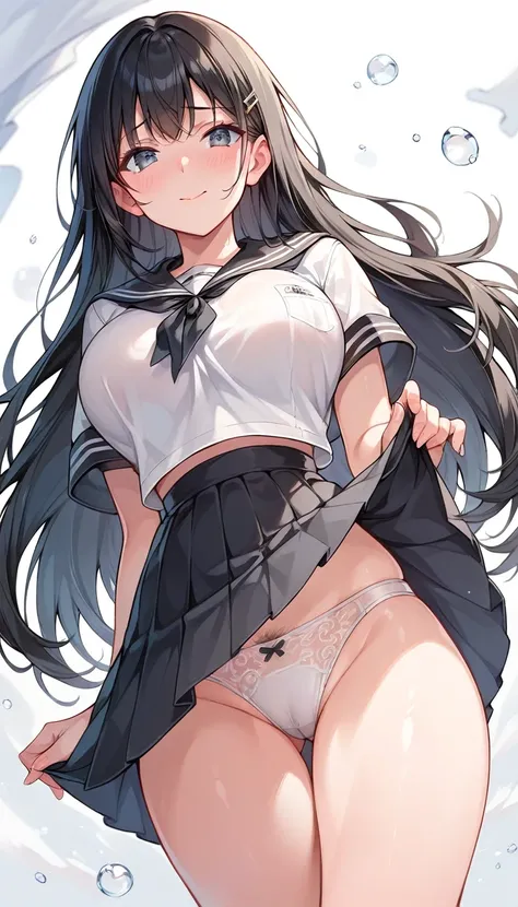 beauty　smile　blush　Embarrassed　Black Hair　Black Sailor Suit　Pure white underwear　Big Breasts　Thick pubic hair　The wind flips up my skirt