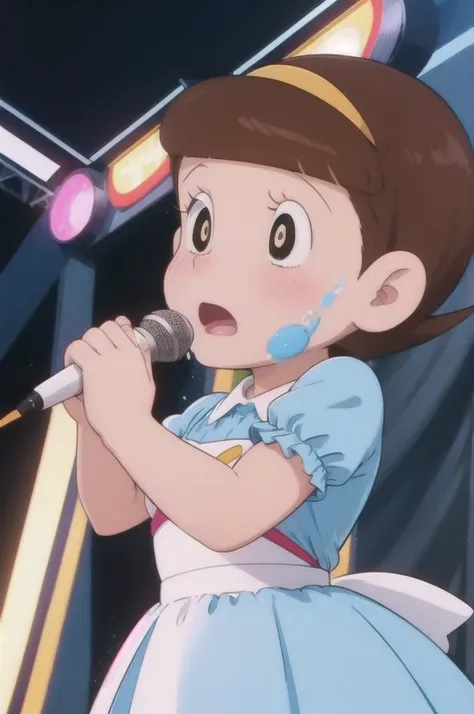 a beautiful idol girl hoshinosumire singing on stage, 1980s retro art style, 1990s style, detailed facial features, long eyelash...