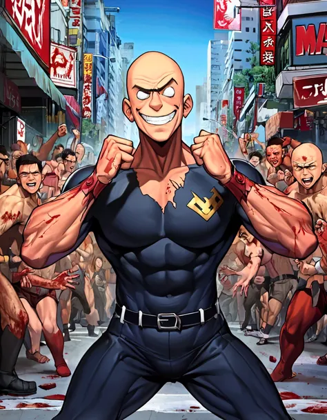 (Mad Magazine cover) A muscular bald man with a wide grin, a classic Alfred E. Newman face, in a heroic one-punch pose, the bloody remains of a monster strewn across a panicked crowd in downtown Tokyo, dynamic action, cinematic lighting, digital painting, ...