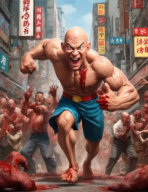 (Mad Magazine cover) A muscular bald man with a wide grin, a classic Alfred E. Newman face, in a heroic one-punch pose, the bloody remains of a monster strewn across a panicked crowd in downtown Tokyo, dynamic action, cinematic lighting, digital painting, ...