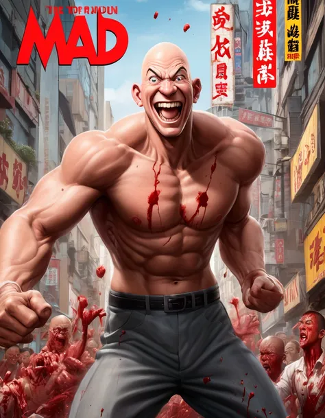 (Mad Magazine cover) A muscular bald man with a wide grin, a classic Alfred E. Newman face, in a heroic one-punch pose, the bloody remains of a monster strewn across a panicked crowd in downtown Tokyo, dynamic action, cinematic lighting, digital painting, ...