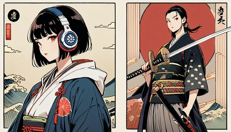 (((1 girl))), (((Flashy makeup))), (((Japanese style headphones))), (((Japanese pattern hoodie))), (((Japanese sword))), (((Female samurai))), Japanese beautiful girl, Black Hair, Delicate and precise, Modern ukiyo-e style, Japanese flag, Fujiyama