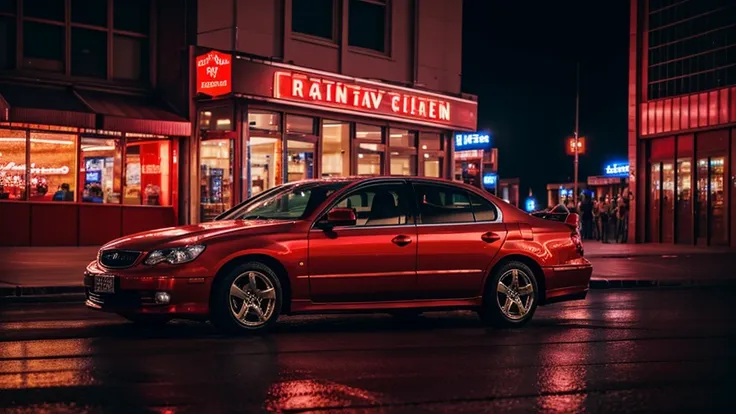 best quality, 8k, shiny skin, high resolution, red car on street at night, under neon light, sharp focus