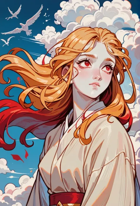 pale man , red eyes , blond hair , long hair , white skin , deep look , god of clouds , whole body 