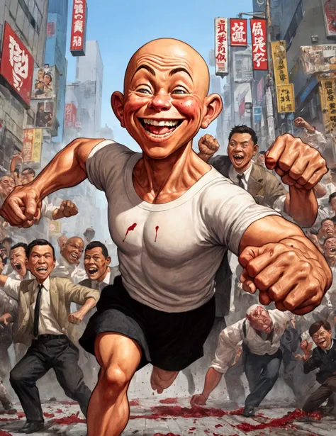 (Mad Magazine cover) A muscular bald man with a wide grin, a classic Alfred E. Neuman face, in a heroic one-punch pose, the bloody remains of a monster strewn across a panicked crowd in downtown Tokyo, dynamic action, cinematic lighting, digital painting, ...