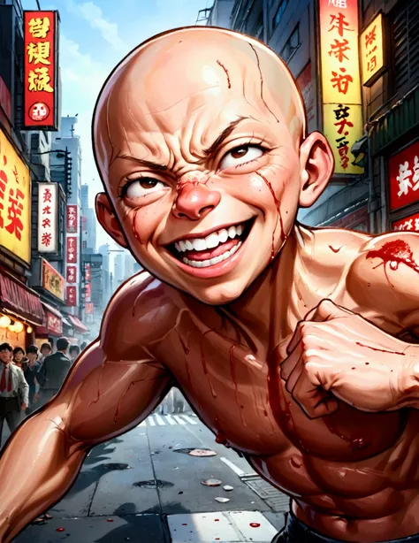 (Mad Magazine cover) A muscular bald man with a wide grin, a classic Alfred E. Neuman face, in a heroic one-punch pose, the bloody remains of a monster strewn across a panicked crowd in downtown Tokyo, dynamic action, cinematic lighting, digital painting, ...