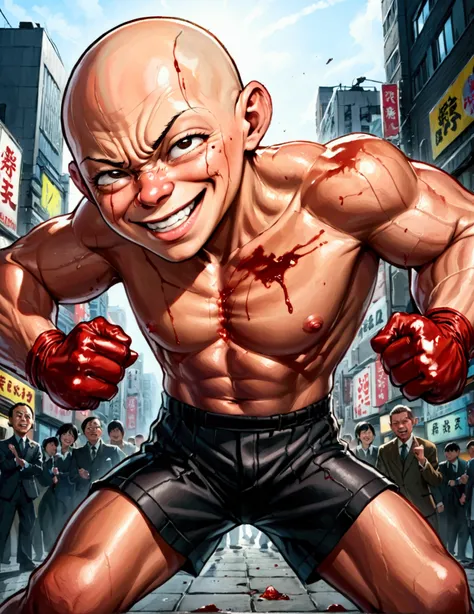 (Mad Magazine cover) A muscular bald man with a wide grin, a classic Alfred E. Neuman face, in a heroic one-punch pose, the bloody remains of a monster strewn across a panicked crowd in downtown Tokyo, dynamic action, cinematic lighting, digital painting, ...