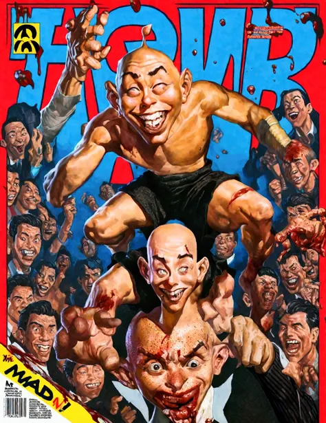 (Mad Magazine cover) A muscular bald man with a wide grin, a classic Alfred E. Neuman face, in a heroic one-punch pose, the bloody remains of a monster strewn across a panicked crowd in downtown Tokyo, dynamic action, cinematic lighting, digital painting, ...