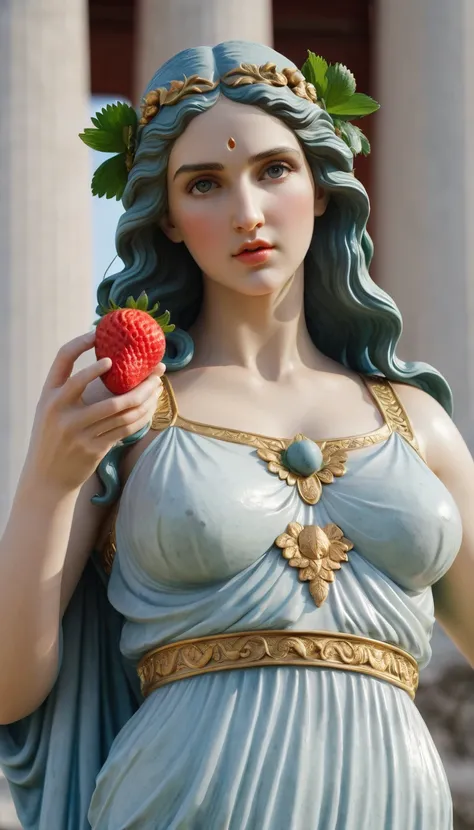 (8k, Highest quality, masterpiece)，Greek Mythology, Fertility Goddess, huge busts, Holding a strawberry in hand, Upper body close-up