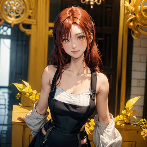 (((One woman))), (natural redhead), honey yellow eyes, by the wide, small braids, bright smile, detailed eyes, chest a little big, detailed body, beautiful body, detailed clothing, black overalls skirt with white blouse, head on, hands back leaning forward...