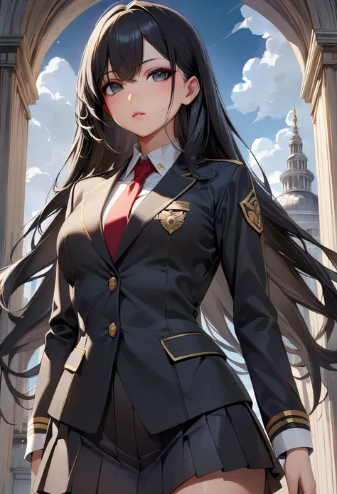 A young woman with long black hair, black eyes, uniform, detailed body, detailed eyes, masterpiece, best quality, aesthetic, ultra-detailed, ultra-sharp, 4k