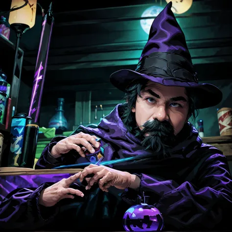 Wizard in his room in a magic trick.