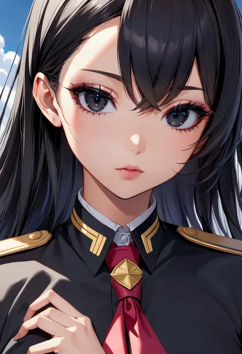 A young woman with long black hair, black eyes, uniform, detailed body, detailed eyes