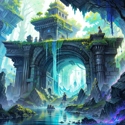 (best quality,4K,8K,high resolution,masterpiece:1.2),Pixel Art,Characters sneak into a treasure chest filled with retro video game cartridges,He is in a magical cave., A mix of fantasy and science fiction, Vibrant colors, Luminous Light, Waste machinery, M...