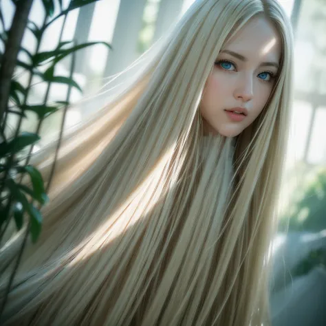 Dressed, (photo Realistic:1.4), (hyper Realistic:1.4), (Realistic:1.3), (Smoother lighting:1.05), (Improving the lighting quality of movies:0.9), 32k, Age 24, alone, Super Long Straight Blonde Hair, Super long blonde hair that reaches down to the feet、huge...