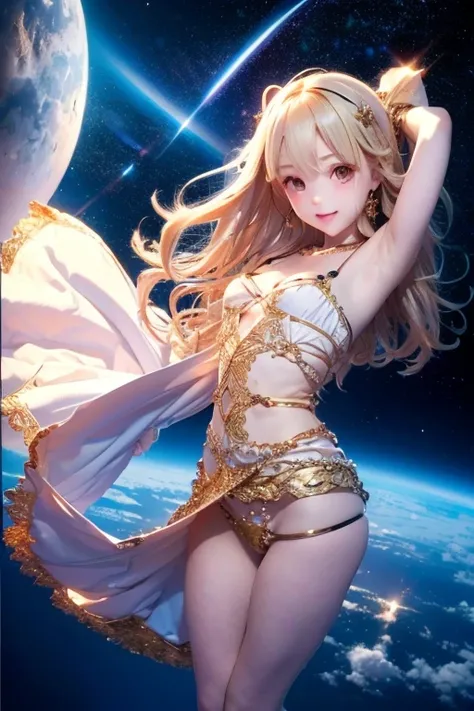 (masterpiece、Highest quality、High resolution、8K、16K)、((Alone in space、Beautiful Goddess、Standing posture、フローティング in the sky like a star))、(whole body)、Golden Cape、White long dress、No sleeve、Gold Bracelet、Blonde Hair、Beautiful brown eyes、Detailed face、Grace...