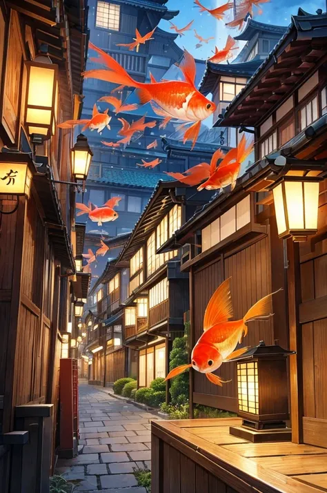 In a fantastic landscape、A large flying goldfish flies over the city streets。The streets are filled with Japanese elements.、Traditional buildings and lanterns line the streets、The graceful appearance of the goldfish makes the scenery even more fantastical.