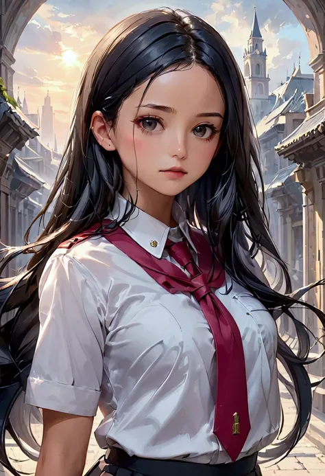 A young woman with long black hair, black eyes, uniform, masterpiece, best quality, aesthetic, ultra-detailed, ultra-sharp, 4k