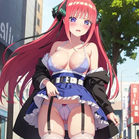 best quality, insanely detailed, nino nakano, breasts, blush, public background, bare-shoulder, a ribbon, stockings, pussy, blue lingerie garterbelt, cheerful eye, nsfw, Taut Underwear