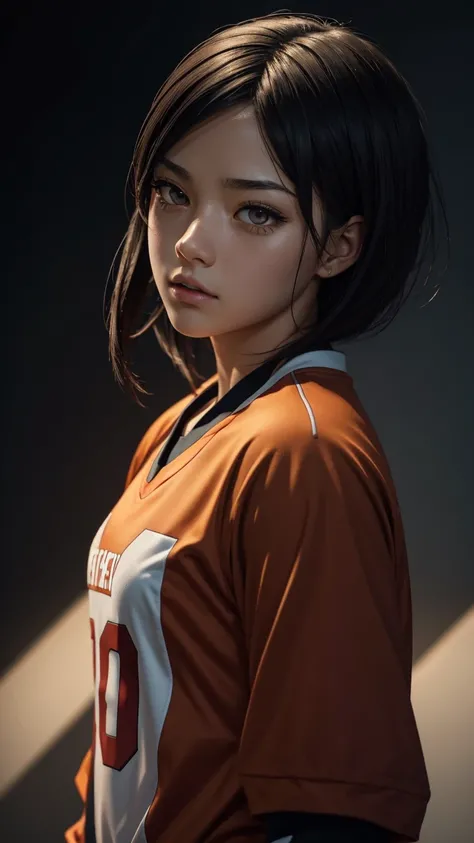 a beautiful detailed portrait of shoto hinata from the anime haikyuu, wearing a volleyball uniform, highly detailed and realistic, soft blurred background, dramatic lighting, photorealistic, masterpiece, 8k, hyperrealistic, cinematic, beautiful detailed ey...