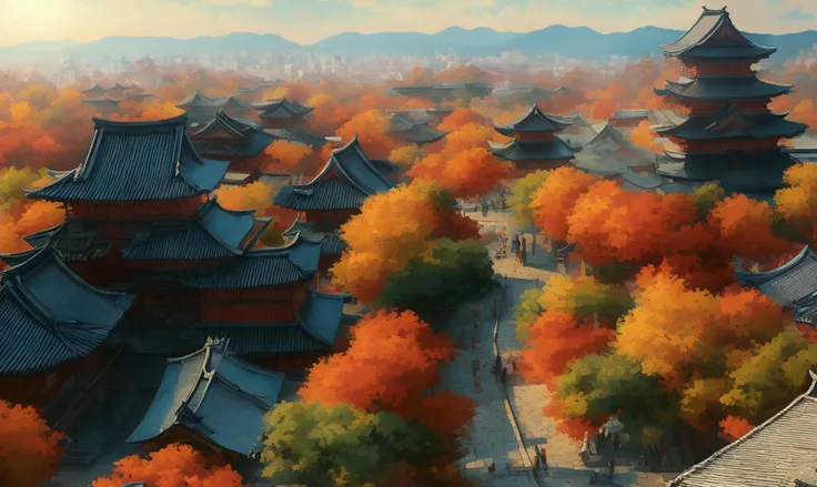 Depict an ultra-realistic aerial view in full HD 4K of a huge ancient Japanese city from the Taisho era, highlighting details of architecture and urban landscape. This portrait must be captured with detailed textures, an immersive atmosphere and high-defin...