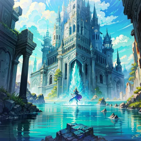 Magic Castle，gate，iron gate，A mix of fantasy and science fiction, Vibrant colors, Luminous Light, Waste machinery, Mysterious Creatures, Pixelate details, Crystal formation, Floating Island, future technology, Ancient Artifacts, Mystic energy, Vibrant retr...