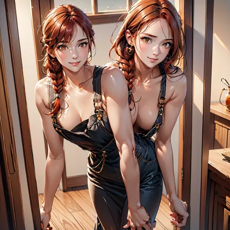 (((One woman))), (natural redhead), honey yellow eyes, by the wide, small braids, bright smile, detailed eyes, chest a little big, detailed body, beautiful body, detailed clothing, black overalls skirt with white blouse, head on, hands back leaning forward...