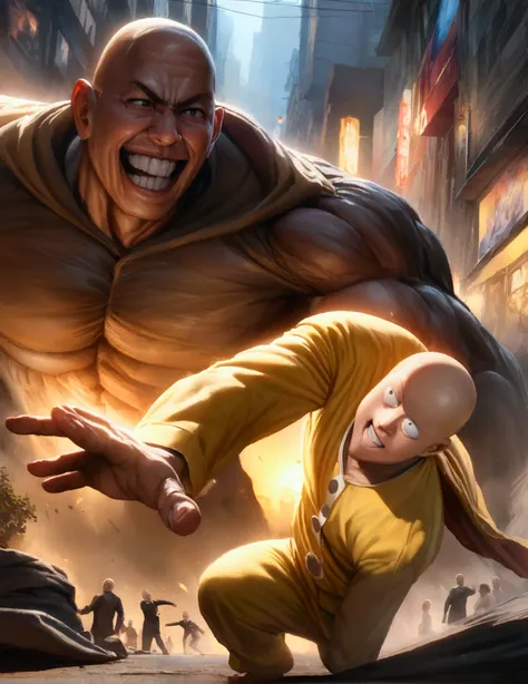 (Mad Magazine cover) (A muscular bald man with a wide grin, a classic Alfred E. Neuman face, classic Saitama pajama outfit with blanket cape) in a heroic one-punch pose, the bloody remains of a monster strewn across a panicked crowd in downtown Tokyo, dyna...