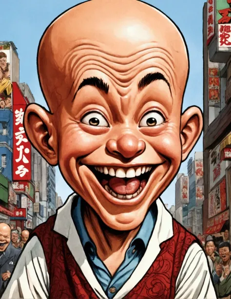 (Mad Magazine cover) (A muscular bald man with a wide grin, a classic Alfred E. Neuman face, classic Saitama pajama outfit with blanket cape) in a heroic one-punch pose, the bloody remains of a monster strewn across a panicked crowd in downtown Tokyo, dyna...