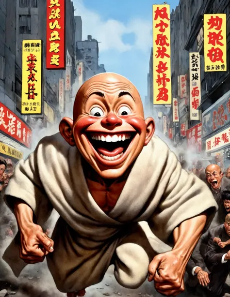 (Mad Magazine cover) (A muscular bald man with a wide grin, a classic Alfred E. Neuman face, classic Saitama pajama outfit with blanket cape) in a heroic one-punch pose, the bloody remains of a monster strewn across a panicked crowd in downtown Tokyo, dyna...