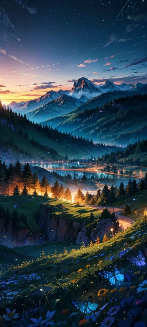 Anime landscape with mountains and flowers in the foreground，Anime inspired green landscape of the Alps with bright blue glass like sky shining with glittering glittering effect(Bokeh effect) (firefly)