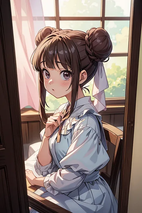 ((masterpiece)), (anime:1.5), ((Highest quality)), (RAW Photos:1.2), (High resolution:1.3), (Professional photography:1.2), 1 girl,Bun Hair, Hair hanging down from the bun, bangs, Lolita Fashion