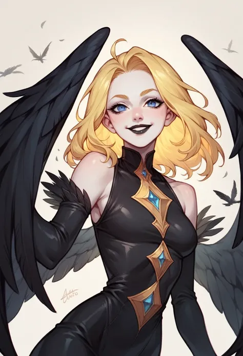 Humanoid creature, pale skin, long yellow hair, blue eyes, black wings, black clothes, black lips, smiling