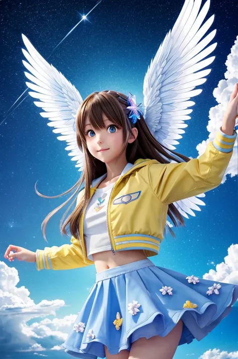 cute anime girl flying into the night sky with clouds, wings made of crystals, halo is blue, hair is brown, eyes are red, white top, yellow skirt, light blue jacket with white flowers