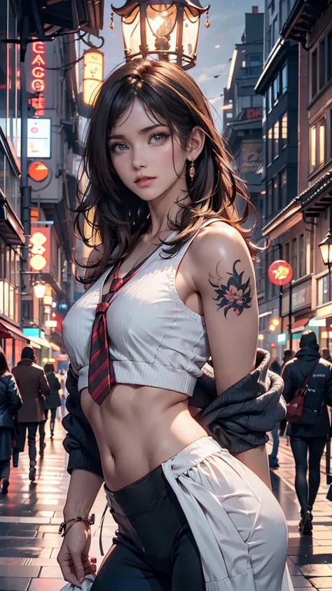 Highest quality, masterpiece, Cinema Lighting, Complex, cinematic detailed Realistic background, Detailed face, whole body, Small breasts, Realistic, Clear lines, , , A girl jogging, Cityscape, night, tie shirt, View your viewers, tattoo, Model pose, Open ...