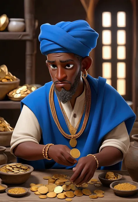 A scene of the third servant wearing a blue Israelite cloth in an organized workspace or small business setting, counting and managing his growing collection of coins or bags of gold. His surroundings reflect his industriousness and success.