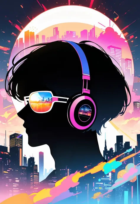 silhouette of a man in profile. short hair, (((sun glasses:1.3))), (headphones:1.3), Inside the silhouette you can see the  with a deep cyberpunk, city, supernova explosion, cyberpunk night city back ground（masterpiece), ((double exposure)), proportional.,...