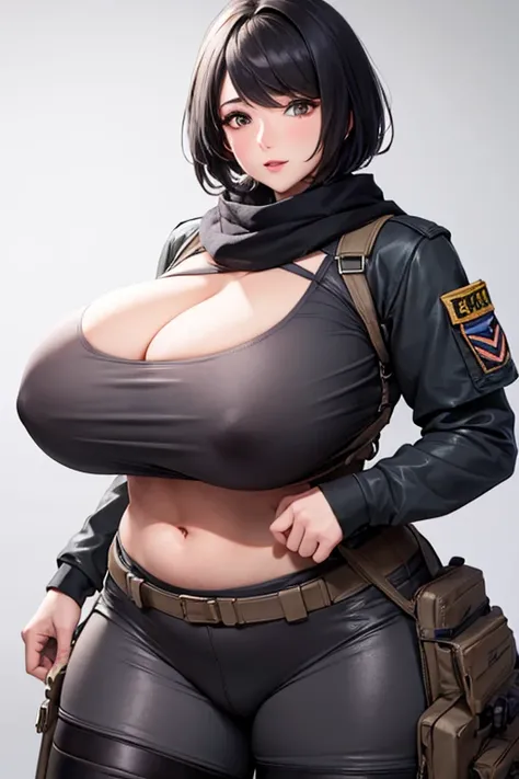 Mommy short gray hair huge with very big and huge breasts with tactical uniform and scarf very beautiful and very detailed