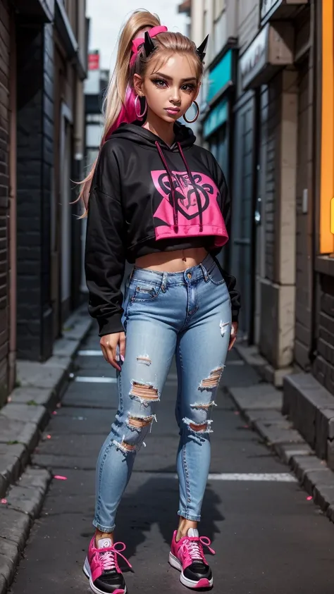 1female, deep crimson hair, styled in a high ponytail, fierce amber eyes, confident expression, black oni horns curving elegantly from her forehead, oversized graphic hoodie in neon pink, ripped black jeans, chunky white sneakers, silver hoop earrings, urb...