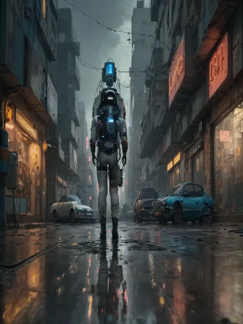 Create a highly detailed and realistic image of a cyberpunk-inspired environment where an astronaut stands at the edge of a worn platform, gazing at a sprawling, futuristic street in an older, gritty neighborhood. The scene is set in a dimly lit urban spac...