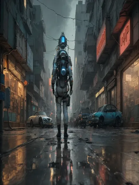 Create a highly detailed and realistic image of a cyberpunk-inspired environment where an astronaut stands at the edge of a worn platform, gazing at a sprawling, futuristic street in an older, gritty neighborhood. The scene is set in a dimly lit urban spac...