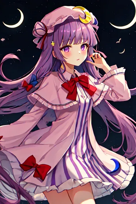 highest quality, masterpiece, high resolution, 一人in, {pinchouli_knowledge_east:1.15}, length_hair, purple_hair, crescent moon, p...