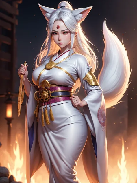 4K Digital art style quality, digital drawing mode, Japanese folklore-themed anime female character, silvery white hair with fox ears and tails, bright gold eyes, wearing a traditional dress with magical runes, holding a mystical fan, Blur the background t...