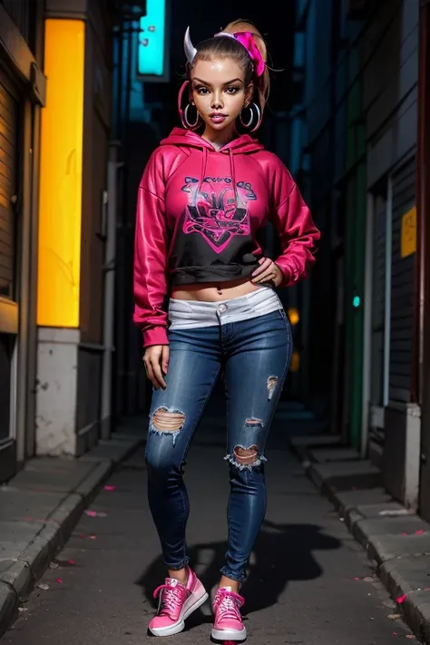 1female, deep crimson hair, styled in a high ponytail, fierce amber eyes, confident expression, black oni horns curving elegantly from her forehead, oversized graphic hoodie in neon pink, ripped black jeans, chunky white sneakers, silver hoop earrings, urb...