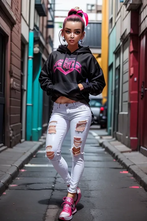 1female, deep crimson hair, styled in a high ponytail, fierce amber eyes, confident expression, black oni horns curving elegantly from her forehead, oversized graphic hoodie in neon pink, ripped black jeans, chunky white sneakers, silver hoop earrings, urb...